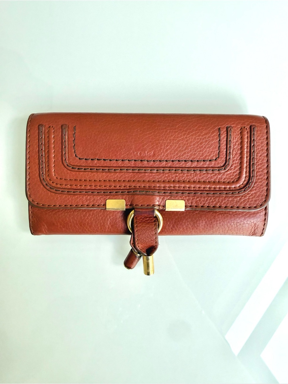 Chloe Marcie flap wallet. Tan Leather Wallet with Gold Ring Accent